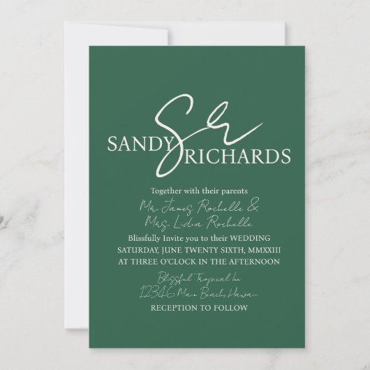 Koppels monogrammed Verde Script Wedding Kaart (Voorkant)