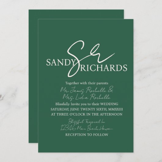 Koppels monogrammed Verde Script Wedding Kaart (Voorkant / Achterkant)