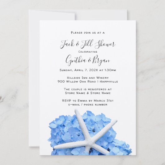 Koppels Shower Blue Hydrangea Starfish Invitation (Voorkant)