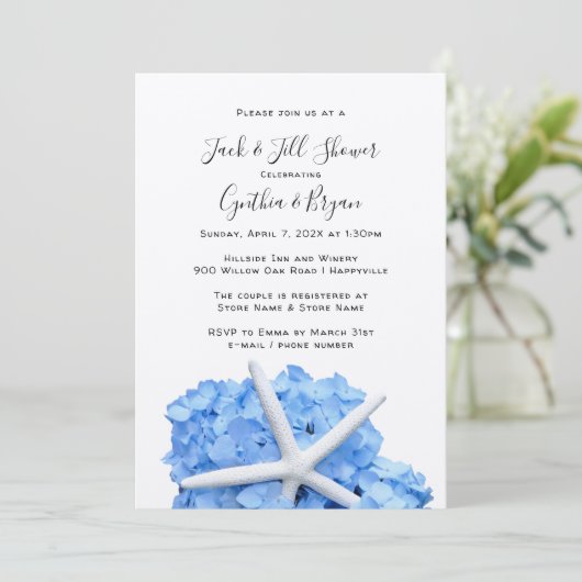 Koppels Shower Blue Hydrangea Starfish Invitation (Staand voorkant)