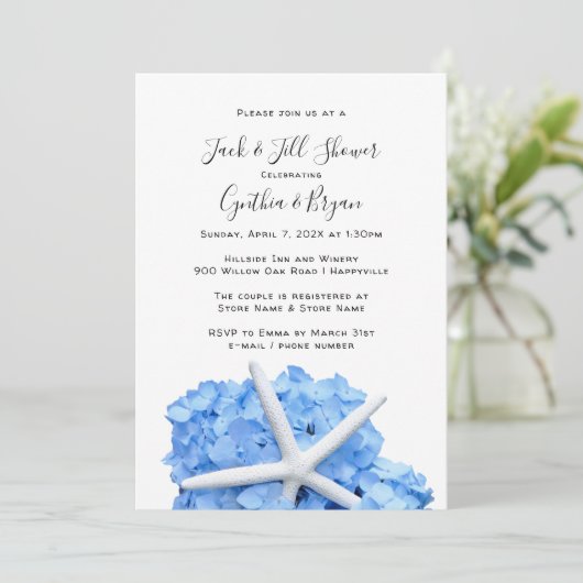 Koppels Shower Blue Hydrangea Starfish Invitation (Staand voorkant)