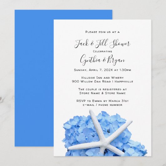 Koppels Shower Blue Hydrangea Starfish Invitation (Voorkant / Achterkant)