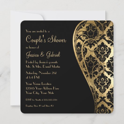 Koppels tonen Gold Leaf Kijk Damask Scroll uitnodi Kaart (Voorkant)
