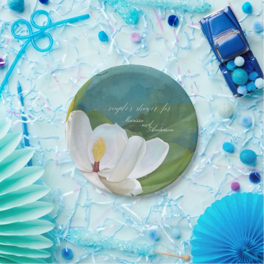 Koppels tonen magnolia flower bloesem modern blauw papieren bordje (Feest)