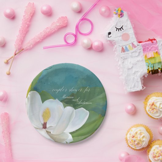 Koppels tonen magnolia flower bloesem modern blauw papieren bordje (Feest)