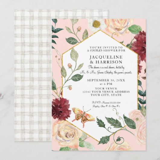 Koppels tonen Waterverf Blush Koral Floral Art Kaart (Voorkant / Achterkant)