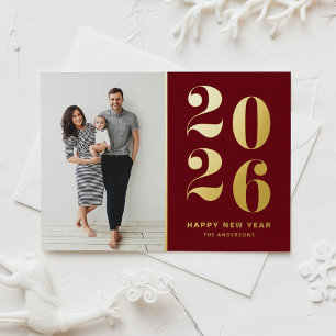 Koptekst in burgundyrood Nieuwjaar 2026 Foto Folie Feestdagen Briefkaart