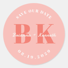 Koptekst Koraal Monogram Save the Date Ronde Sticker