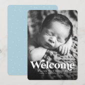 Koptekst welkom blauw verticale geboorteaankondigi aankondiging (Voorkant / Achterkant)
