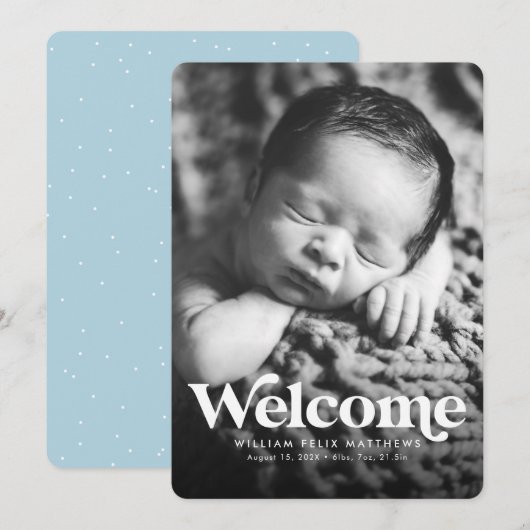 Koptekst welkom blauw verticale geboorteaankondigi aankondiging (Voorkant / Achterkant)