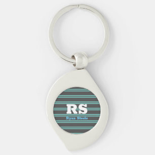 Koptelefoon met monogram & naam, lichte teal lijne sleutelhanger