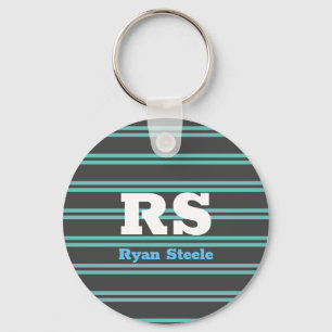 Koptelefoon met monogram & naam, lichte teal lijne sleutelhanger