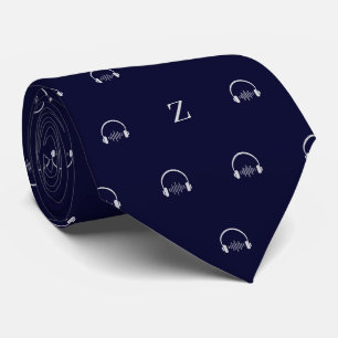 Koptelefoon Muziek Geborduurde Initiaal Middenblau Stropdas