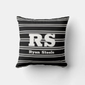 Kopwit Monogram & Naam, Lt-grijze lijnen op zwart Kussen (Achterkant)