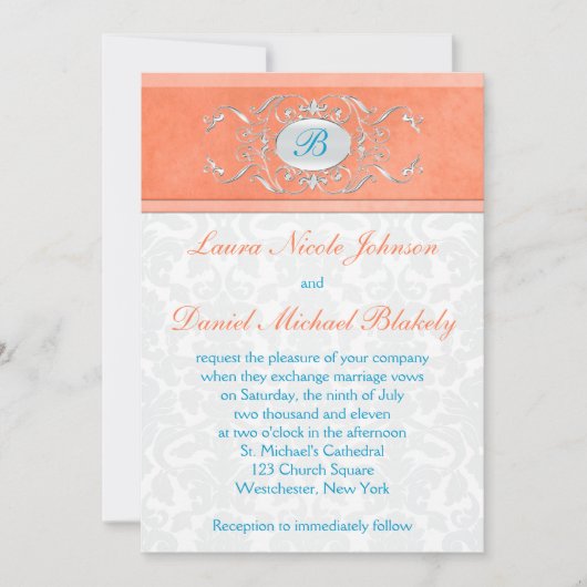 Koraal, Aqua Blauw, Grijs Damast Monogram Invite Kaart (Voorkant)