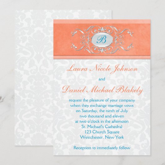 Koraal, Aqua Blauw, Grijs Damast Monogram Invite Kaart (Voorkant / Achterkant)