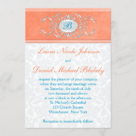 Koraal, Aqua Blauw, Grijs Damast Monogram Invite Kaart