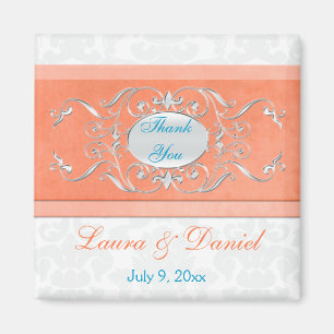 Koraal, Aqua en Grey Damask Wedding Favor Magnet