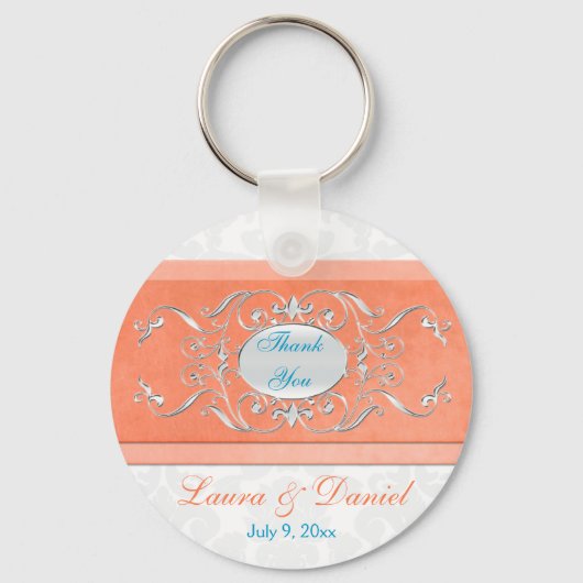 Koraal, Aqua en Grey Damask Wedding Favor Sleutelhanger (Voorkant)