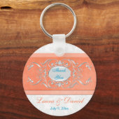 Koraal, Aqua en Grey Damask Wedding Favor Sleutelhanger (Voorkant)