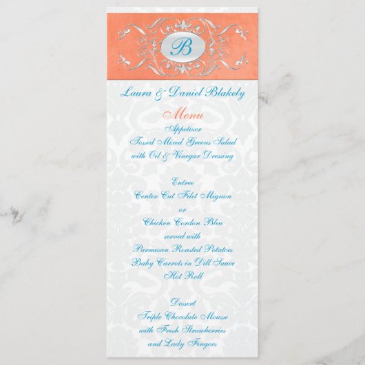 Koraal, Aqua, en Grijze Damast Monogrammed Menu (Voorkant)