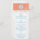 Koraal, Aqua, en Grijze Damast Monogrammed Menu (Voorkant / Achterkant)