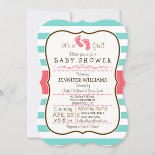 Koraal, Aqua en White Stripes Baby shower Kaart