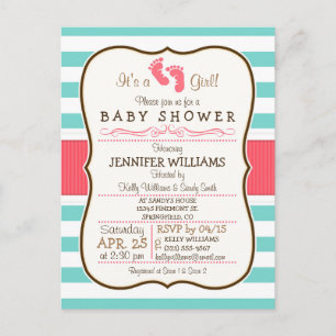 Koraal, Aqua en White Stripes Baby shower Uitnodiging Briefkaart