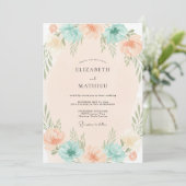 Koraal Aqua Loof Eucalyptus Bruiloft Kaart (Staand voorkant)