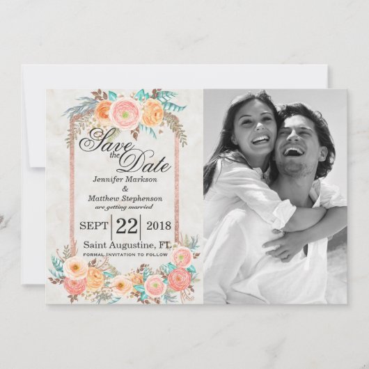 Koraal Aquarel Bloemen en Goud Save the Dates Save The Date (Voorkant)