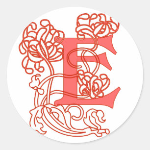 Koraal Art Nouveau Bloemletter E Monogram Ronde Sticker