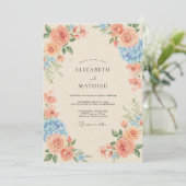 Koraal Azuur Hydrangea Eucalyptus Bruiloft Kaart (Staand voorkant)