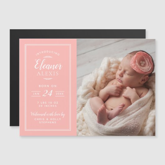 Koraal Baby Meisje Magnetische Foto Geboorte Aanko Magnetische Uitnodiging (Voorkant / Achterkant)