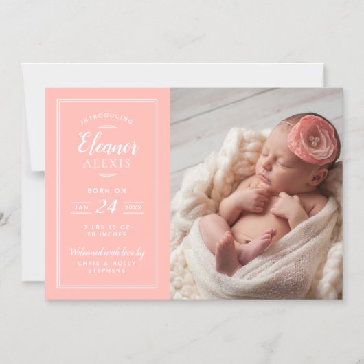 Koraal Baby Meisje Magnetische Foto Geboorte Aanko Magnetische Uitnodiging (Voorkant)