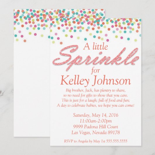 Koraal Baby Sprinkle Shower Uitnodigen Kaart (Voorkant / Achterkant)