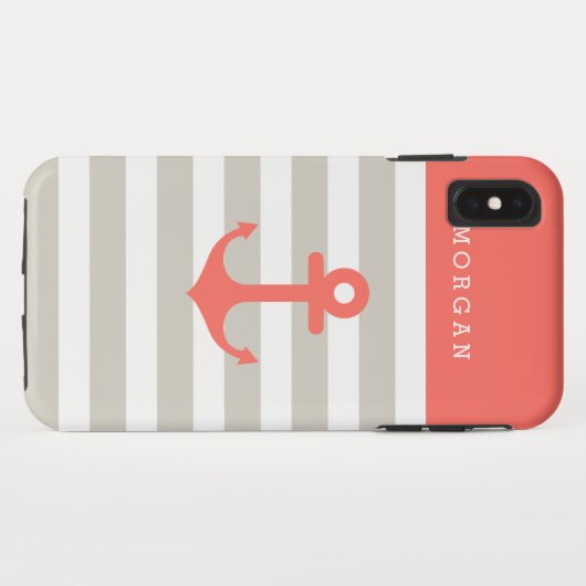 Koraal Beige Strepen - Schattig Scheepsanker Monog Case-Mate iPhone Case (Achterkant (horizontaal))