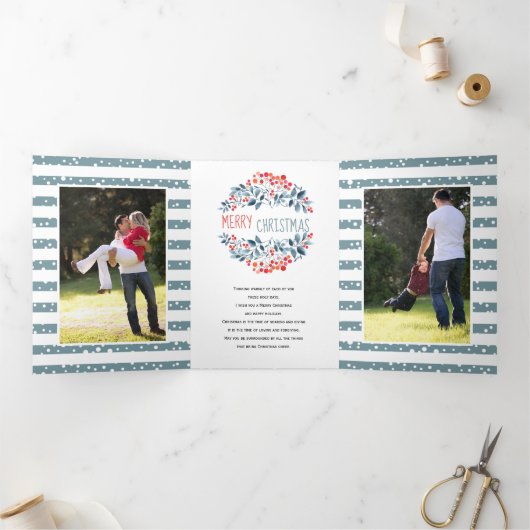 Koraal bessen en strepen Kerstfoto collage Drieluik Wenskaart (Binnen)