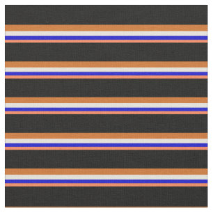 Koraal, blauw, beige, chocolade en zwarte lijnen stof