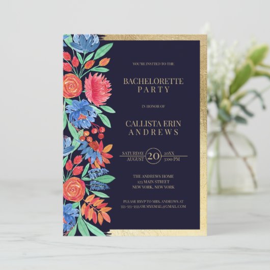 Koraal Blauw Goud Bloemen Waterverf Bachelorette Kaart (Staand voorkant)