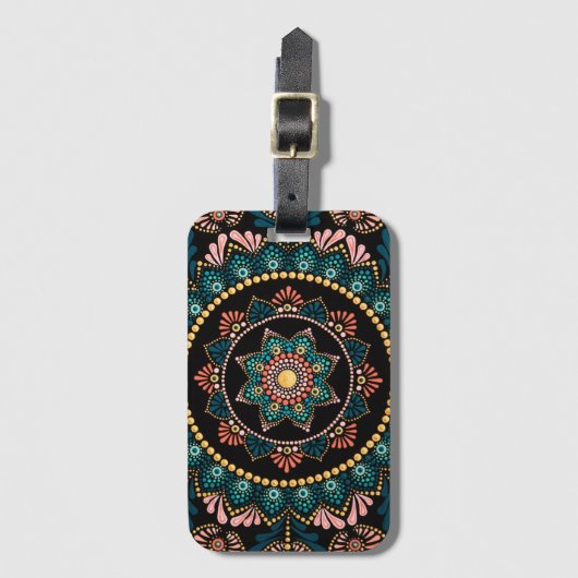 Koraal Blauw Mandala, Heilige Geometrie Boho Etnis Bagagelabel (Voorkant (verticaal))