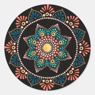 Koraal Blauw Mandala, Heilige Geometrie Boho Etnis Ronde Sticker