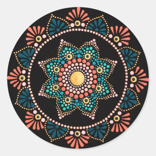 Koraal Blauw Mandala, Heilige Geometrie Boho Etnis Ronde Sticker (Voorkant)