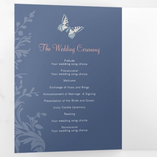Koraal blauwe vlinder liefdesverhaal bruiloft drieluik programma (Binnenzijde eerst)