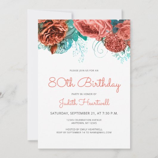 Koraal Blauwgroen Blauw Bloemen 80ste Verjaardagsf Kaart (Voorkant)