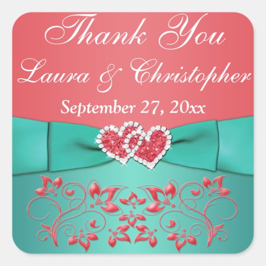 Koraal, Blauwgroen Bloemen, Hart 1.5"Sq. huwelijks Vierkante Sticker (Voorkant)