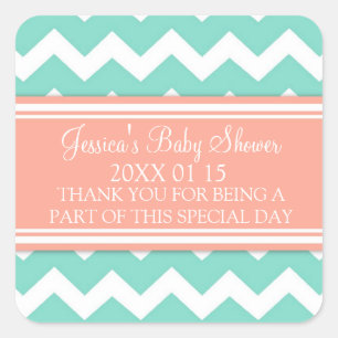 Koraal Blauwgroen Chevron Baby shower Favor Sticke Vierkante Sticker