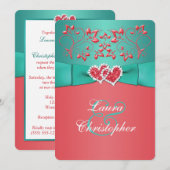 Koraal Blauwgroen Floral Joined Hearts Wedding Inv Kaart (Voorkant / Achterkant)