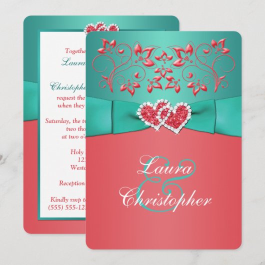 Koraal Blauwgroen Floral Joined Hearts Wedding Inv Kaart (Voorkant / Achterkant)