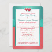 Koraal Blauwgroen Floral Joined Hearts Wedding Inv Kaart (Achterkant)