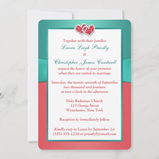 Koraal Blauwgroen Floral Joined Hearts Wedding Inv Kaart (Achterkant)